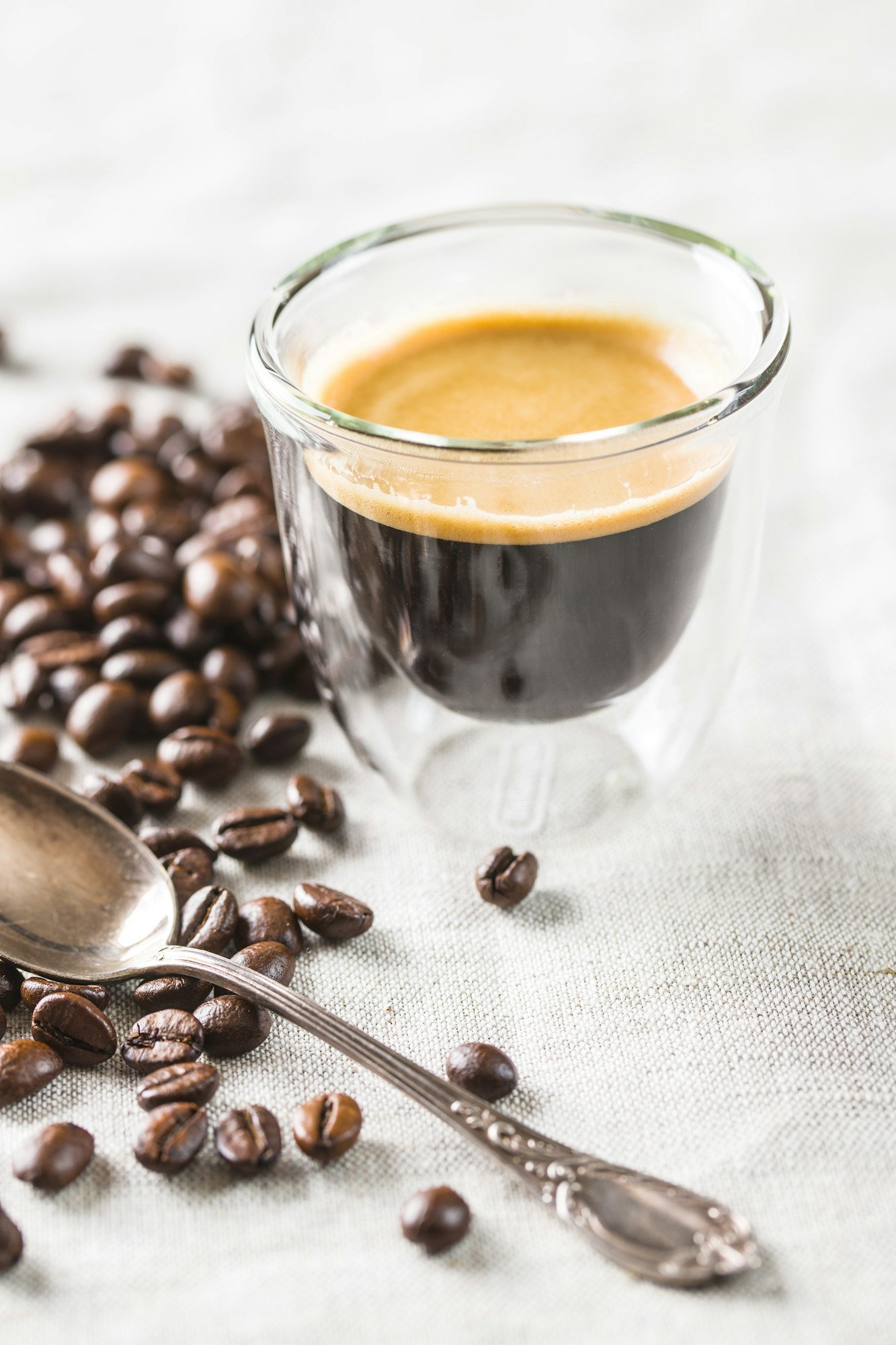 Espresso and coffee beans.